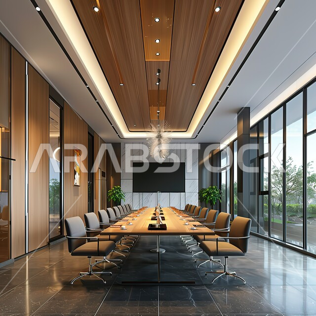 غرفة اجتماعات واسعة مع طاولة محاطة بكراسي فاخرة، تصميم عصري حديث لمكاتب الشركات السعودية، مكتب عمل مزود بشاشة تلفاز، غرف مكتبية بتصاميم داخلية وديكورات راقية