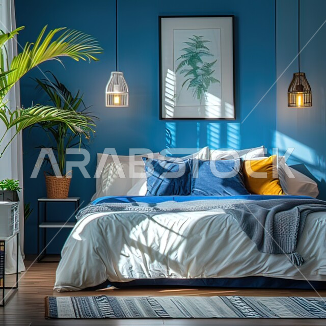 A large, comfortable bed with a modern design, a bedroom with luxurious modern designs, upscale home furniture, interior home decor, bedroom, residential apartments and villas, luxury hotels and resorts