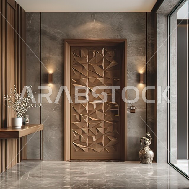 التصاميم الداخلية المعاصرة, الديكورات الحديثة للأثاث داخل المنتجعات والفلل, الباب الخشبي المنقوش بأشكال بديعة, الزينة والاكسسوات الفاخرة في الصالة, تصميم الأبواب بشكل هندسي مميز في فنادق السعودية