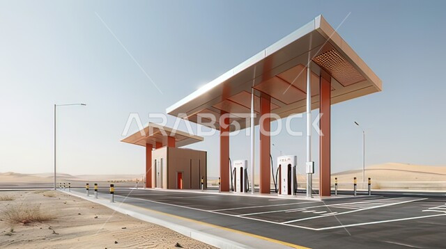 مضخات بنزين متعددة، تزويد السيارات بالوقود، محطة شحن معاصرة للسيارات الكهربائية العامة مزودة بشواحن على الطريق الصحراوي في المملكة العربية السعودية