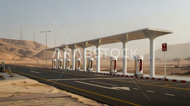 مضخات بنزين متعددة، تزويد السيارات بالوقود، محطة شحن معاصرة للسيارات الكهربائية العامة مزودة بشواحن على الطريق الصحراوي في المملكة العربية السعودية