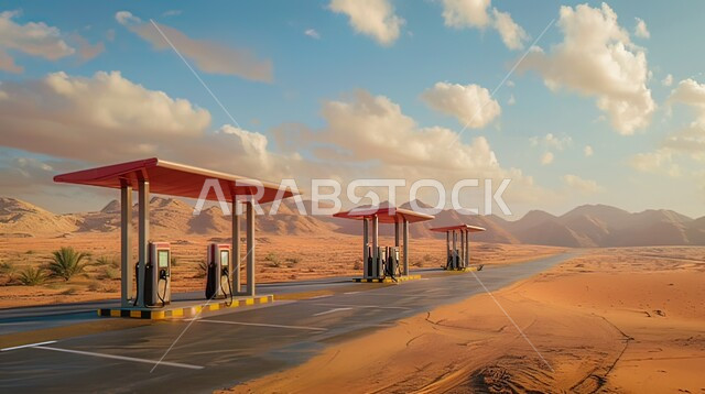 مضخات بنزين متعددة، تزويد السيارات بالوقود، محطة شحن معاصرة للسيارات الكهربائية العامة مزودة بشواحن على الطريق الصحراوي في المملكة العربية السعودية