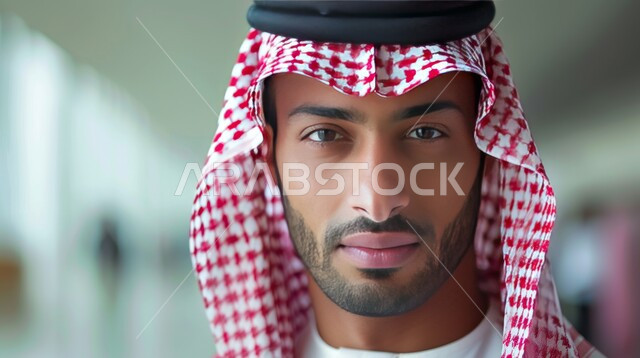 الاهتمام بالمظهر الخارجي، مفهوم الاناقة والرجولة، صورة مقربة لرجل عربي خليجي سعودي يرتدي الثوب التقليدي والشماغ ينظر إلى الكاميرا بايماءات الثقة بالنفس، خلفية ضبابية