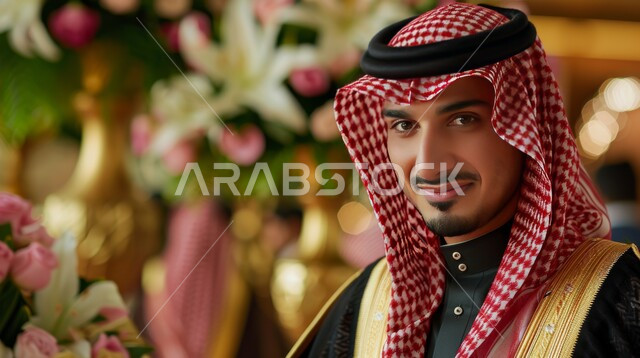 الاهتمام بالمظهر الخارجي، مفهوم الاناقة والرجولة، صورة مقربة لرجل عربي خليجي سعودي يرتدي الثوب التقليدي والشماغ ينظر إلى الكاميرا بايماءات السرور، عريس يجلس في قاعة الافراح، خلفية ضبابية