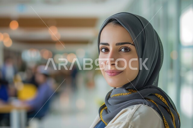 The concept of softness and femininity, a close-up image of a Saudi Gulf Arab young woman looking at the camera with gestures of joy and pleasure, professions and office jobs in the Kingdom of Saudi Arabia, modern women’s hijab, attention to external appearance