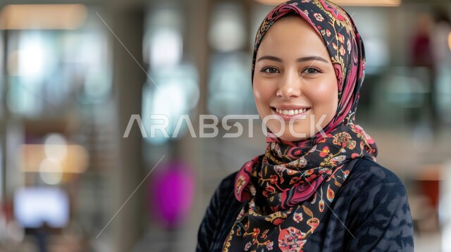 حجابات نسائية عصرية حديثة، مفهوم النعومة والانوثة، صورة مقربة لشابة عربية خليجية سعودية تنظر الى الكاميرا بإيماءات الفرح والسرور، مهن ووظائف مكتبية في المملكة العربية السعودية، الاهتمام بالمظهر الخارجي