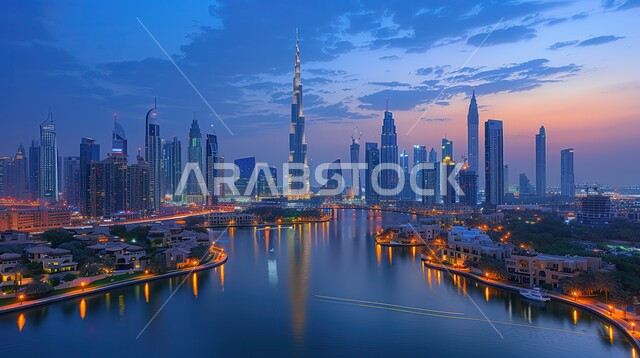 الفن الهندسي المعماري المتطور للمنشآت التجارية والسكنية، المباني والمنتجعات الفاخرة في الإمارات العربية المتحدة، صورة جوية لناطحات السحاب والأبراج في مدينة دبي، المدن السياحية الساحلية، مناظر طبيعية متميزة