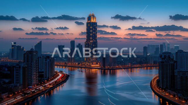 Advanced architectural engineering for commercial and residential facilities, luxury buildings and resorts in the United Arab Emirates, aerial photo of skyscrapers and towers in Dubai, coastal tourist cities, distinct landscapes