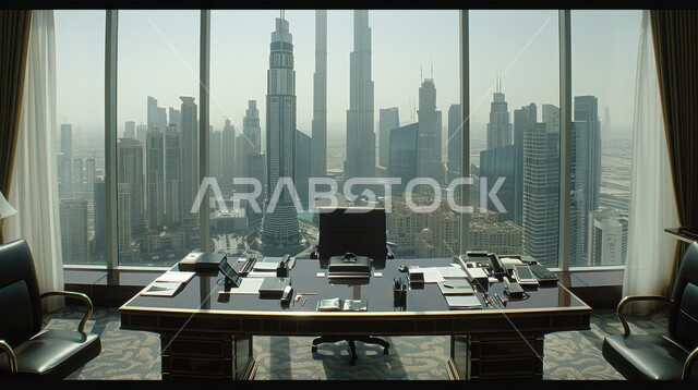 Advanced architectural art for commercial and residential facilities, close-up of a laptop on a table, luxury buildings and resorts in the United Arab Emirates, skyscrapers and towers in Dubai, coastal tourist cities