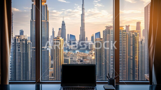 Advanced architectural art for commercial and residential facilities, close-up of a laptop on a table, luxury buildings and resorts in the United Arab Emirates, skyscrapers and towers in Dubai, coastal tourist cities