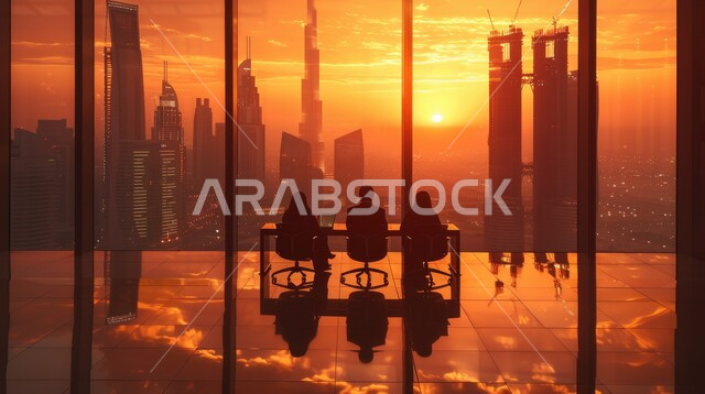 المناظر الطبيعية المتميزة، صورة ظلية من الخلف لمجموعة من الاشخاص العرب الخليجيين الاماراتيين يجلسون في احدى الفنادق يراقبون منظر غروب الشمس، المباني والمنتجعات الفاخرة في الإمارات العربية المتحدة