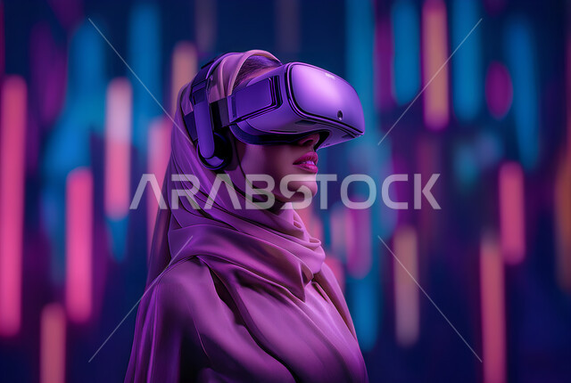 تقنيات حديثة الكترونية وأجهزة تكنولوجية، التفاعل ومحاكاة العالم الافتراضي الخيالي, صورة مقربة من الجانب لامرأة عربية خليجية سعودية محجبة تقف في المعرض تضع نظارات الفي ار, الاستمتاع في قضاء اوقات ترفيهية