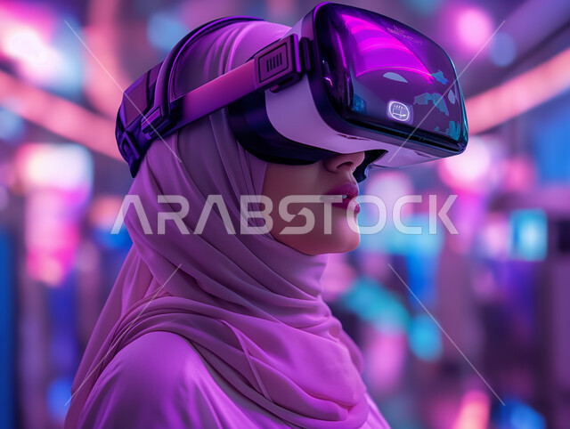 تقنيات حديثة الكترونية وأجهزة تكنولوجية، التفاعل ومحاكاة العالم الافتراضي الخيالي, صورة مقربة من الجانب لامرأة عربية خليجية سعودية محجبة تقف في المعرض تضع نظارات الفي ار, الاستمتاع في قضاء اوقات ترفيهية