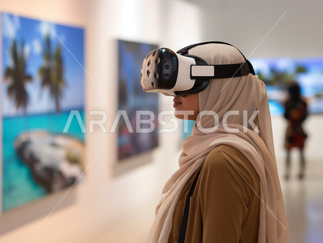 Modern electronic technologies and technological devices, interaction and simulation of the imaginary virtual world, a close-up picture from the side of a veiled Saudi Arabian Gulf woman standing in the exhibition wearing VR glasses, enjoying spending recreational times