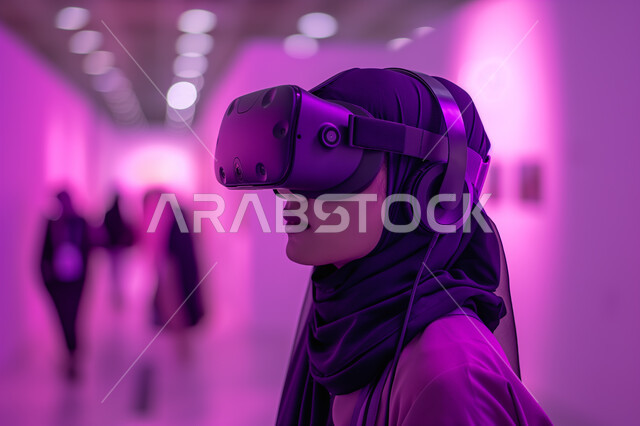 تقنيات حديثة الكترونية وأجهزة تكنولوجية، التفاعل ومحاكاة العالم الافتراضي الخيالي, صورة مقربة من الجانب لامرأة عربية خليجية سعودية محجبة تقف في المعرض تضع نظارات الفي ار, الاستمتاع في قضاء اوقات ترفيهية