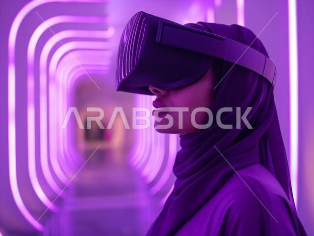 تقنيات حديثة الكترونية وأجهزة تكنولوجية، التفاعل ومحاكاة العالم الافتراضي الخيالي, صورة مقربة من الجانب لامرأة عربية خليجية سعودية محجبة تقف في المعرض تضع نظارات الفي ار, الاستمتاع في قضاء اوقات ترفيهية