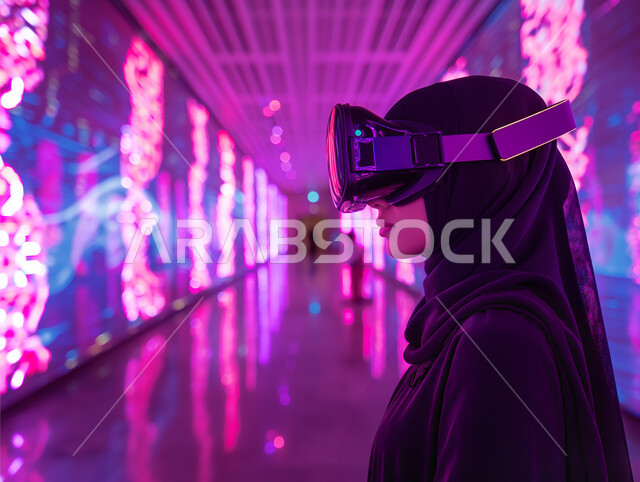 تقنيات حديثة الكترونية وأجهزة تكنولوجية، التفاعل ومحاكاة العالم الافتراضي الخيالي, صورة مقربة من الجانب لامرأة عربية خليجية سعودية محجبة تقف في المعرض تضع نظارات الفي ار, الاستمتاع في قضاء اوقات ترفيهية