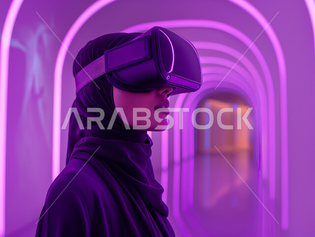 تقنيات حديثة الكترونية وأجهزة تكنولوجية، التفاعل ومحاكاة العالم الافتراضي الخيالي, صورة مقربة من الجانب لامرأة عربية خليجية سعودية محجبة تقف في المعرض تضع نظارات الفي ار, الاستمتاع في قضاء اوقات ترفيهية