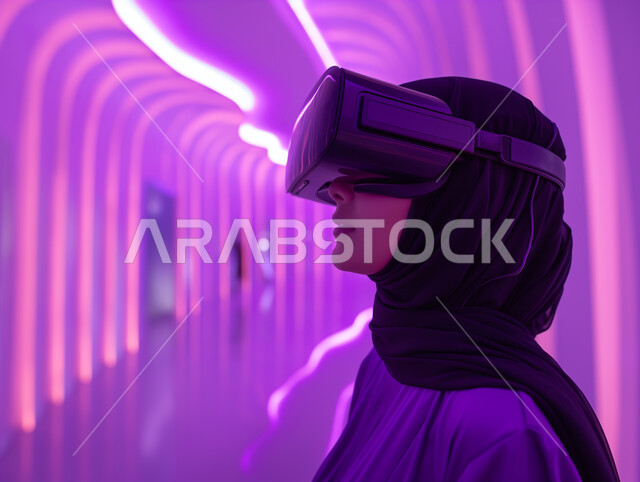 Modern electronic technologies and technological devices, interaction and simulation of the imaginary virtual world, a close-up picture from the side of a veiled Saudi Arabian Gulf woman standing in the exhibition wearing VR glasses, enjoying spending recreational times
