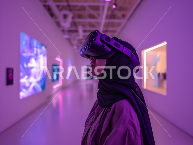 تقنيات حديثة الكترونية وأجهزة تكنولوجية، التفاعل ومحاكاة العالم الافتراضي الخيالي, صورة مقربة من الجانب لامرأة عربية خليجية سعودية محجبة تقف في المعرض تضع نظارات الفي ار, الاستمتاع في قضاء اوقات ترفيهية