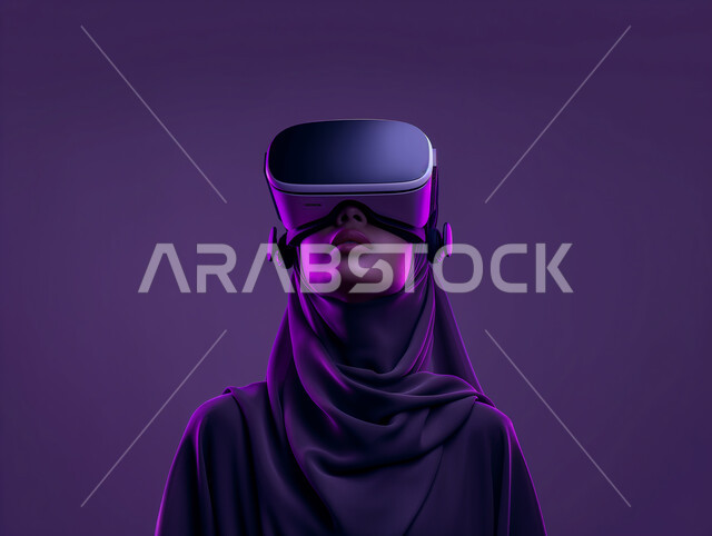 الاستمتاع في قضاء اوقات ترفيهية، تقنيات حديثة الكترونية وأجهزة تكنولوجية، بورتريه مقرب لامرأة عربية خليجية سعودية محجبة تضع نظارات الفي ار ثلاثية الابعاد تستمع بالمشاهدة، خلفية بنفسجية