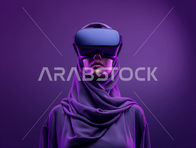 الاستمتاع في قضاء اوقات ترفيهية، تقنيات حديثة الكترونية وأجهزة تكنولوجية، بورتريه مقرب لامرأة عربية خليجية سعودية محجبة تضع نظارات الفي ار ثلاثية الابعاد تستمع بالمشاهدة، خلفية بنفسجية