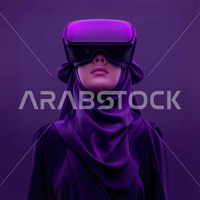 الاستمتاع في قضاء اوقات ترفيهية، تقنيات حديثة الكترونية وأجهزة تكنولوجية، بورتريه مقرب لامرأة عربية خليجية سعودية محجبة تضع نظارات الفي ار ثلاثية الابعاد تستمع بالمشاهدة، خلفية بنفسجية