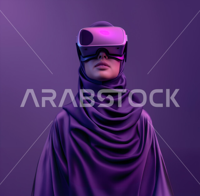 الاستمتاع في قضاء اوقات ترفيهية، تقنيات حديثة الكترونية وأجهزة تكنولوجية، بورتريه مقرب لامرأة عربية خليجية سعودية محجبة تضع نظارات الفي ار ثلاثية الابعاد تستمع بالمشاهدة، خلفية بنفسجية