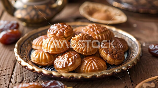 Fresh popular sweets, a close-up of a plate filled with maamoul discs stuffed with dates placed on a wooden table, Saudi culture and heritage, traditional Saudi hospitality on holidays and occasions, distinct and varied dessert dishes