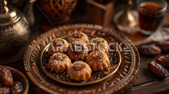 التعريف بالثقافة والتراث السعودي، الحلويات الشعبية طازجة، صورة مقربة لطبق مملوء بأقراص المعمول المحشو بالتمر موضوع على طاولة خشبية، الضيافة التقليدية السعودية في الأعياد والمناسبات،  أطباق حلوى متميزة ومتنوعة