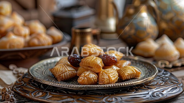 الضيافة التقليدية السعودية في الأعياد والمناسبات، التعريف بالثقافة والتراث السعودي، الحلويات الشعبية طازجة، صورة مقربة لطبق مملوء بأقراص المعمول المحشو بالتمر موضوع على طاولة خشبية، أطباق حلوى متميزة ومتنوعة