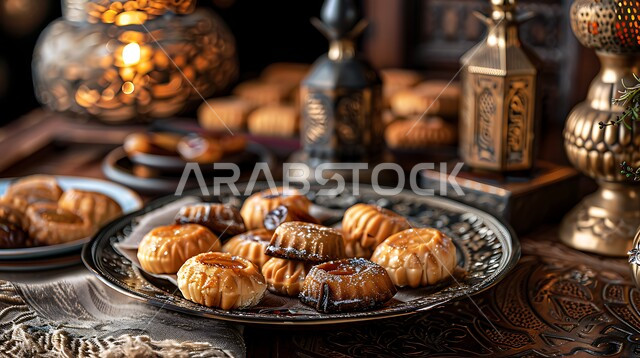 أنواع الحلويات الشعبية الطازجة، الضيافة التقليدية السعودية في الأعياد والمناسبات، التعريف بالثقافة والتراث السعودي، صورة مقربة لطبق مملوء بأقراص المعمول المحشو بالتمر موضوع على طاولة خشبية، منتجات محلية متميزة ومتنوعة