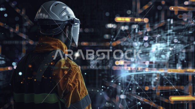 المتابعة والإشراف على العمل, صورة من الخلف لمهندس مشرف عربي خليجي سعودي يرتدي الخوذة وسترة الحماية داخل المصنع، التطور والتقدم التكنولوجي في مجال الصناعة والهندسة، خلفية عدسة بيانية بتقنية الهولوجرام، محاكاة العناصر التقنية ثلاثية الابعاد