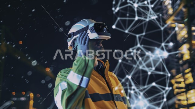 استخدام علوم وتكنولوجيا الذكاء الاصطناعي في الهندسة، رؤية سعودية 2030، تحقيق الثورة الصناعية، مجسم ثلاثي الأبعاد لمبنى بتقنية الهولوجرام، صورة مقربة لمهندس عربي خليجي سعودي يرتدي سترة خوذة الحماية يضع نظارة العالم الافتراضي