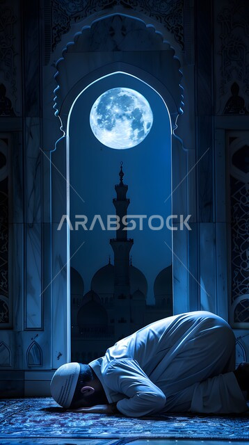 The concept of seclusion in the mosque, obedience and drawing closer to God Almighty, Islamic and worship, quiet spiritual Islamic sessions in the holy month of Ramadan, a Saudi Arabian Gulf man performing the obligatory prayers, a view of the full moon in the sky