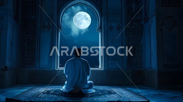 مفهوم الاعتكاف في المسجد، الطاعة والتقرب إلى الله تعالى, اسلاميات وعبادة، الجلسات الاسلامية الروحانية الهادئة في شهر رمضان المبارك, رجل عربي خليجي سعودي يقوم بأداء الفرائض، منظر القمر المكتمل في السماء