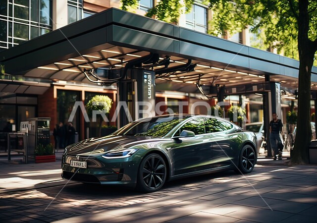 Urban growth and development in the Kingdom, a luxury black Tesla car parked in front of the glass facade of the building, modern cars of international brands in Saudi Arabia