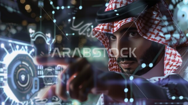 النظر الى شيء ما بإيماءات الحزم والجدية، الشاشات الحديثة والاختراعات المتطورة, النمو التكنولوجي والتطور الالكتروني، رؤية السعودية ٢٠٣٠، صورة مقربة من الجانب لرجل عربي سعودي خليجي يرتدي الزي التقليدي يقوم بالنقر على شاشة هولوجرامية