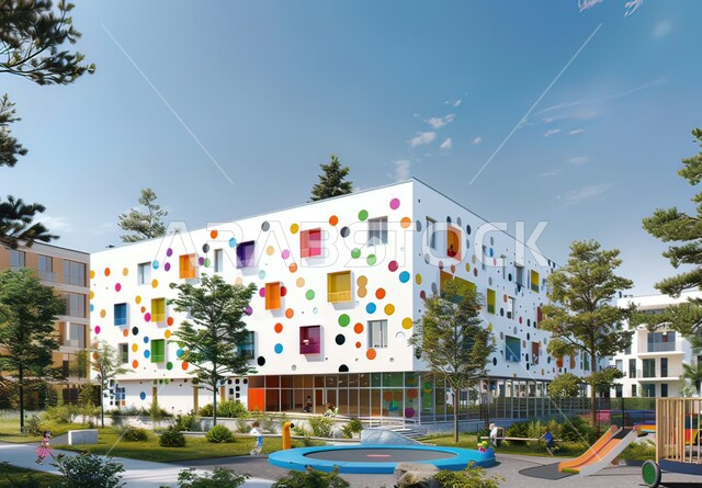 النمو والتطور العمراني لبناء المدارس في المملكة, الواجهة الخارجية بالألوان والأشكال المميزة لمدرسة أطفال سعودية, الحديقة المدرسية الخارجية الغنية بالألعاب والطبيعة الخضراء