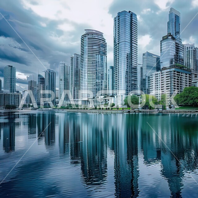 منظر تخيلي مستقبلي للأبراج وناطحات السحاب, النمو والتطور العمراني في المملكة, رؤية سعودية مستقبلية 2030, انعكاس شكل المباني والعمارات على مياه البحر الصافية, خلفية السماء الممتلئة بالسحاب