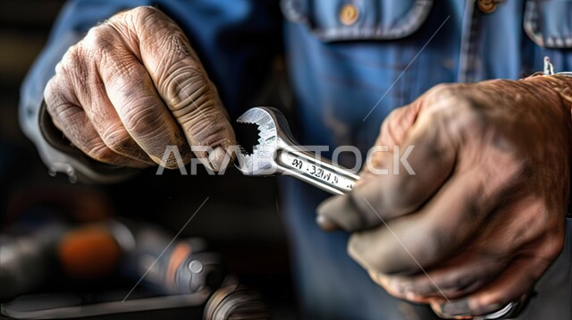 Mechanical engineer inside a workshop in the Kingdom of Saudi Arabia, using maintenance tools, car repair and maintenance services, a close-up picture of the hands of a Saudi Gulf Arab mechanic wearing a work uniform holding a wrench.