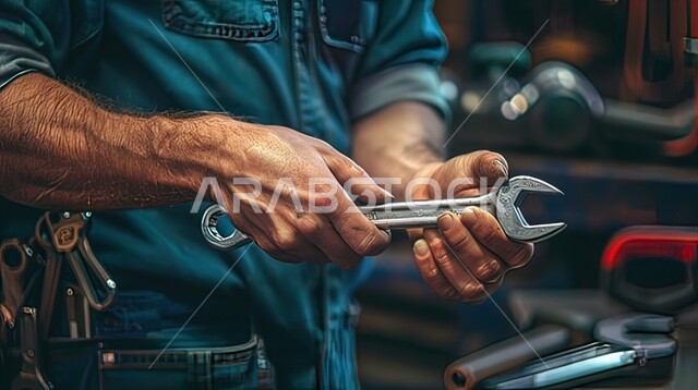  خدمات اصلاح و صيانة السيارات، استخدام ادوات للصيانة، صورة مقربة ليدي ميكانيكي عربي خليجي سعودي يرتدي الزي الخاص بالعمل ويمسك مفتاح الربط, مهندس ميكانيك داخل ورشة في المملكة العربية السعودية