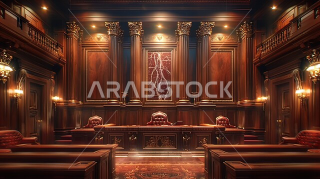 قاعة المحكمة وتنفيذ المرافعات, الديكورات الخشبية الداخلية للصالة الكبيرة, الأثاث المريح والأضواء الزاهية, مكان لاجتماع القضاة والمحاميين في السعودية