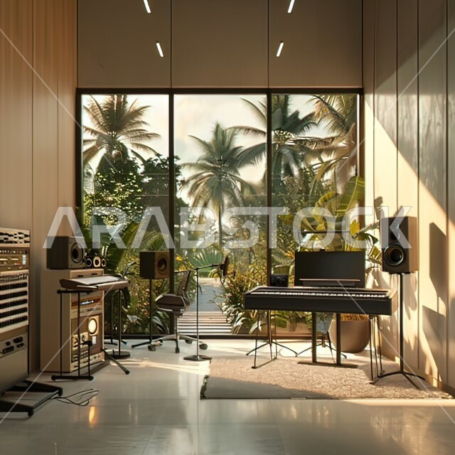  مفهوم هندسة الصوت, عرض مجموعة من مكبرات الصوت وآلات التسجيل والموسيقا, طاولة مكتبية أمام الواجهة الزجاجية,الديكور الداخلي البسيط لغرفة التعديل, العمل في مجال الهندسة الصوتية في السعودية