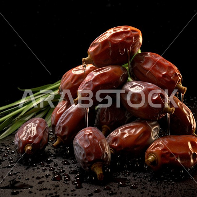 Saudi local product, close-up of a bunch of dates from the palm trees of Saudi Arabia, a meal with high nutritional value, delicious Ramadan hospitality, healthy sugar dates, black background