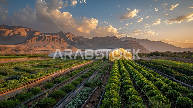 العمل على زيادة الإنتاج النباتي، نظام الري الحديث، القمم والمرتفعات الجبلية، تعزيز وتطوير الأمن الغذائي في مدينة الرياض في المملكة العربية السعودية، بيت زجاجي في المزرعة العضوية بالقرب من الدرعية التاريخية، خلفية طبيعية