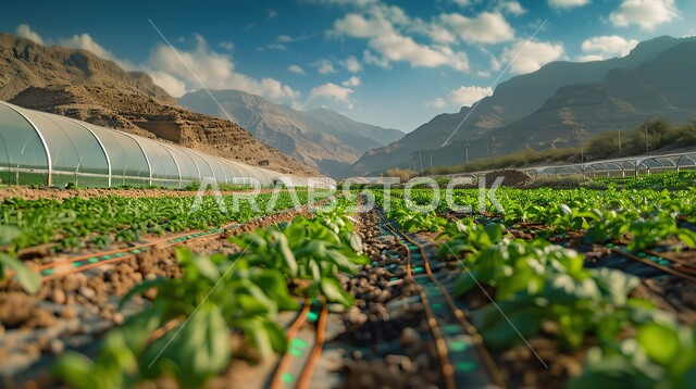 العمل على زيادة الإنتاج النباتي، نظام الري الحديث، القمم والمرتفعات الجبلية، تعزيز وتطوير الأمن الغذائي في مدينة الرياض في المملكة العربية السعودية، بيت زجاجي في المزرعة العضوية بالقرب من الدرعية التاريخية، خلفية طبيعية