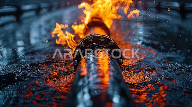 Steel pipelines, a fire consuming the pipes connecting parts of the manufacturing and refining machinery within the sea, an oil and gas refining plant in the industrial zone in Saudi Arabia, petrochemical industries and projects, pollution and leakage of oil into seawater