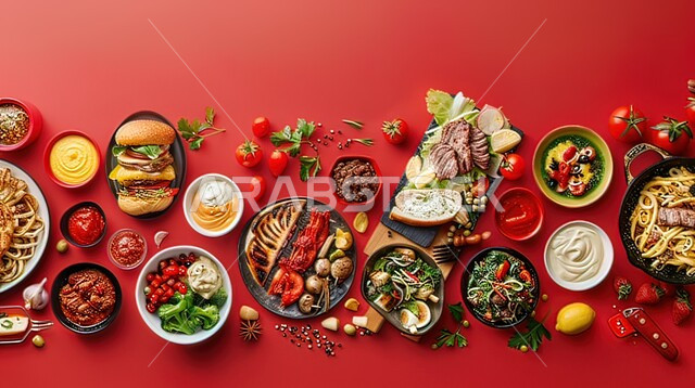 وجبات شرقية عربية وغربية, سفرة طعام مليئة بالأطباق المتنوعة, أكلات شعبية تقليدية سعودية, عزائم وولائم في المملكة العربية السعودية, أشهر الوصفات والمأكولات في المطبخ السعودي, خلفية حمراء