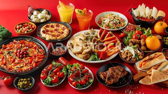 سفرة طعام مليئة بالأطباق المتنوعة, أكلات شعبية تقليدية سعودية, وجبات شرقية عربية وغربية, عزائم وولائم في المملكة العربية السعودية, أشهر الوصفات والمأكولات في المطبخ السعودي, خلفية حمراء